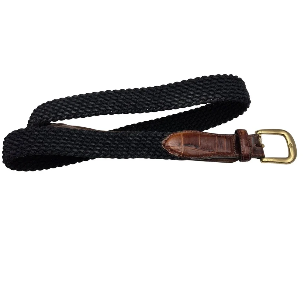 Brighton Woven‎ Stretch Black Belt Brown Leather Trim Solid Brass Buckle Size 36